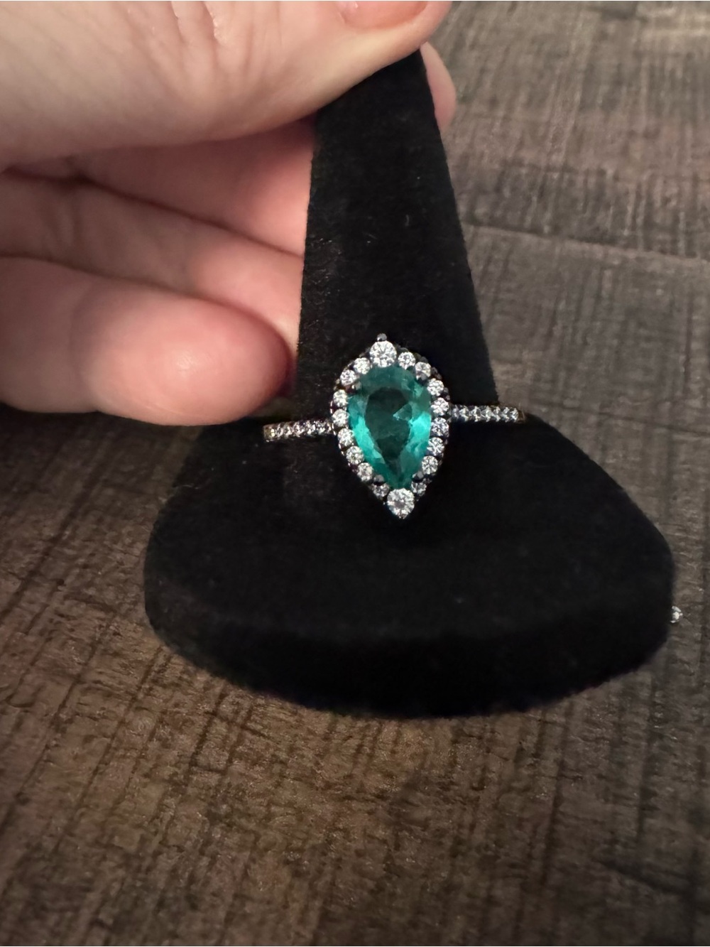 Bomb Party Hematite Teal Pear-Cut Halo Ring – Size 10